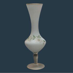 Vintage Satin Glass Bud Vase Twisted Stem Floral Hand Painted Gilded Rim